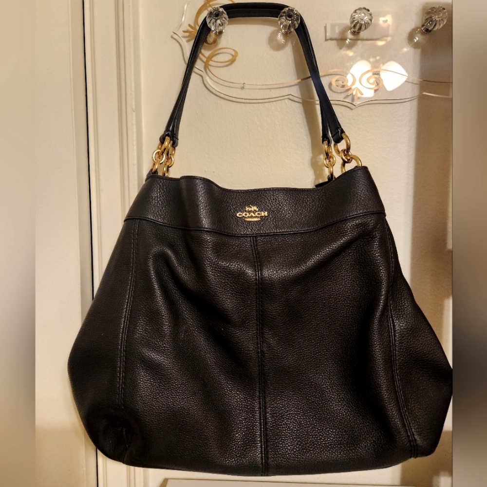 COACH Hallie Black Genuine Pebbled Leather Shoulder Bag
